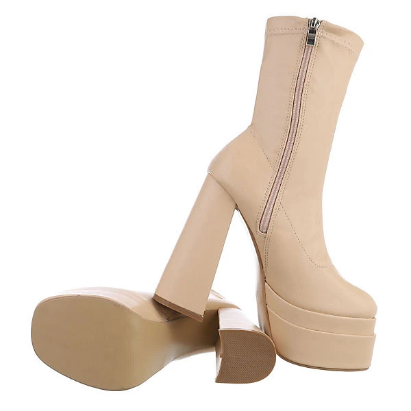 Plateaustiefeletten Reißverschluss, Blockabsatz, - Beige – Bild 2