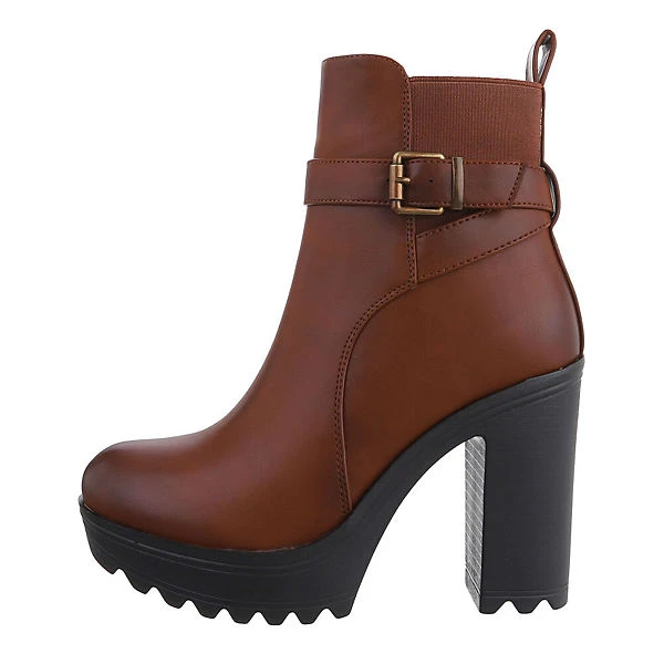 Plateaustiefeletten Schnalle, Blockabsatz, Used Look, Dekoschnallen - Camel