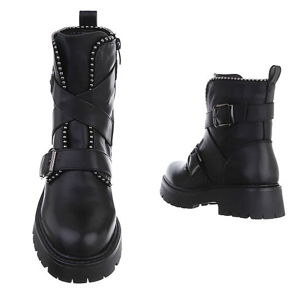 Western- & Bikerboots Reißverschluss, Blockabsatz, Riemen - Schwarz – Bild 3