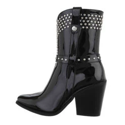 Western- & Bikerboots Reißverschluss, Blockabsatz, Nieten - Schwarz