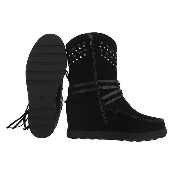 Western- & Bikerboots Reißverschluss, Keilabsatz/Wedge, Fransen, Nieten - Schwarz – Bild 2