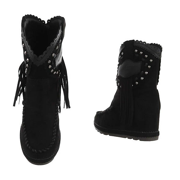 Western- & Bikerboots , Keilabsatz/Wedge, Fransen, Nieten - Schwarz – Bild 3
